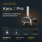 Ooni Karu 2 Pro Startpakki – ofn, 14" pizzaspaði, snúningsspaði, ábreiða og gasbrennari. Pakkaverð 159.990 kr., þú sparar 6.600 kr.