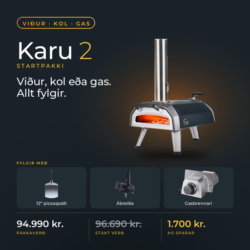 Ooni Karu 2 Startpakki – ofn, 12" pizzaspaði, ábreiða og gasbrennari. Pakkaverð 94.990 kr.