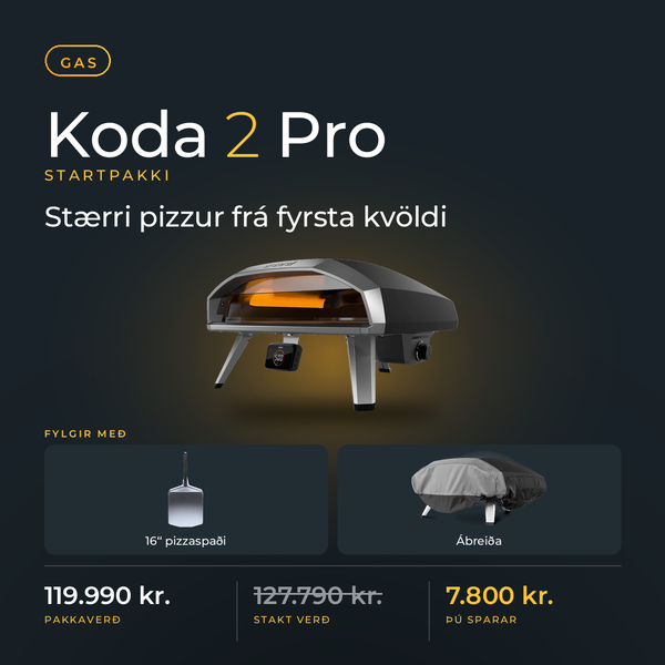 Ooni Koda 2 Pro Startpakki – ofn, 16" pizzaspaði og ábreiða. Pakkaverð 119.990 kr., þú sparar 7.800 kr.