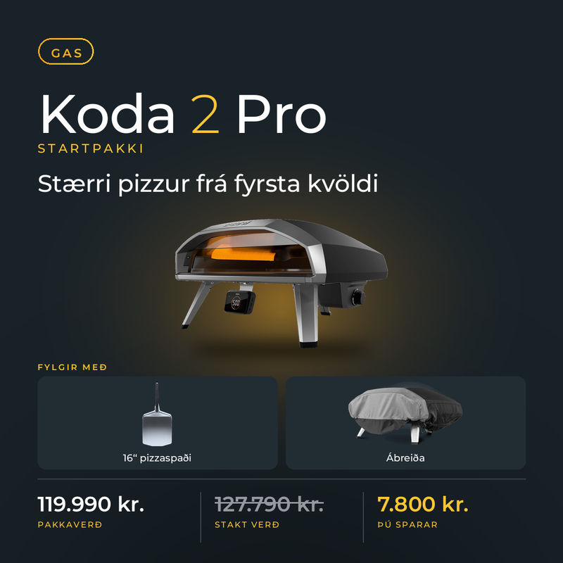 Ooni Koda 2 Pro Startpakki – ofn, 16" pizzaspaði og ábreiða. Pakkaverð 119.990 kr., þú sparar 7.800 kr.