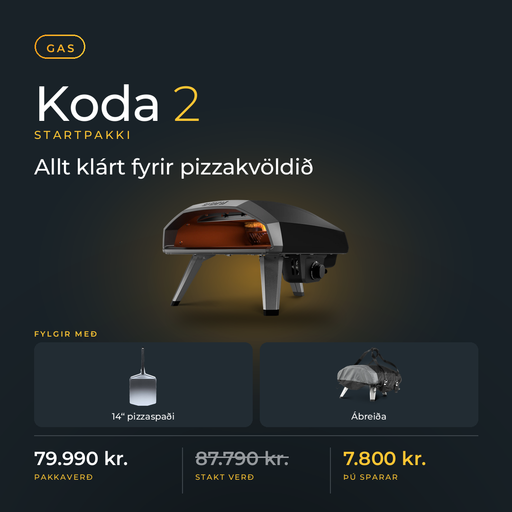 Ooni Koda 2 Startpakki – ofn, 14" pizzaspaði og ábreiða. Pakkaverð 79.990 kr., þú sparar 7.800 kr.